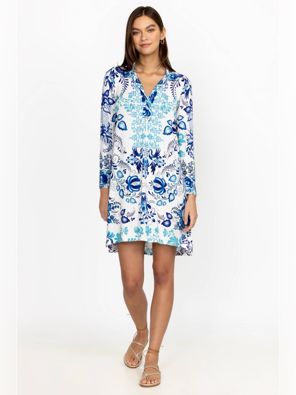 Johnny Was Farrow Polo Swing Dress Blue White Floral Bamboo Stretch S